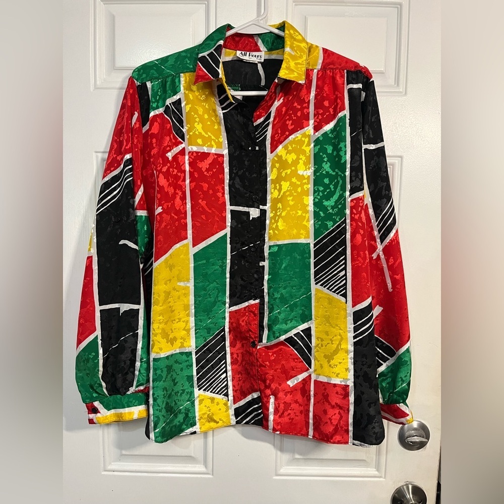 Vintage All Hours Paris Milan Bold Satin Shirt Color Block Geometric Size L